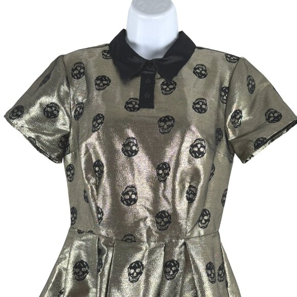 Modcloth Dress Size 6 Metallic Gold Black Skull Fit And Flare Party NWT DR-1842 - Picture 5 of 12